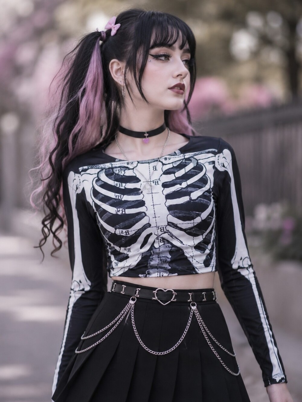 Skeleton Print Black Long Sleeve Crop Top